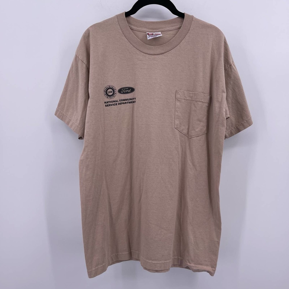 Ford UAW National Community Service Department T Shirt Tan Sz L Short Sleeve